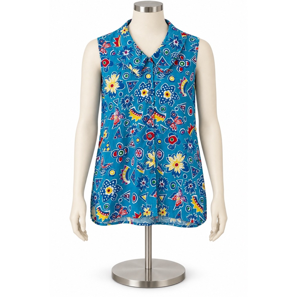 Vintage Solutions Blue Novelty Print Sleeveless Button Down Rayon Blouse Small